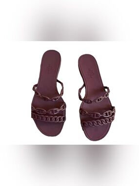 Women’s Brown Chain-Strap Slide Sandals - Cherry-colored rubber slippers.